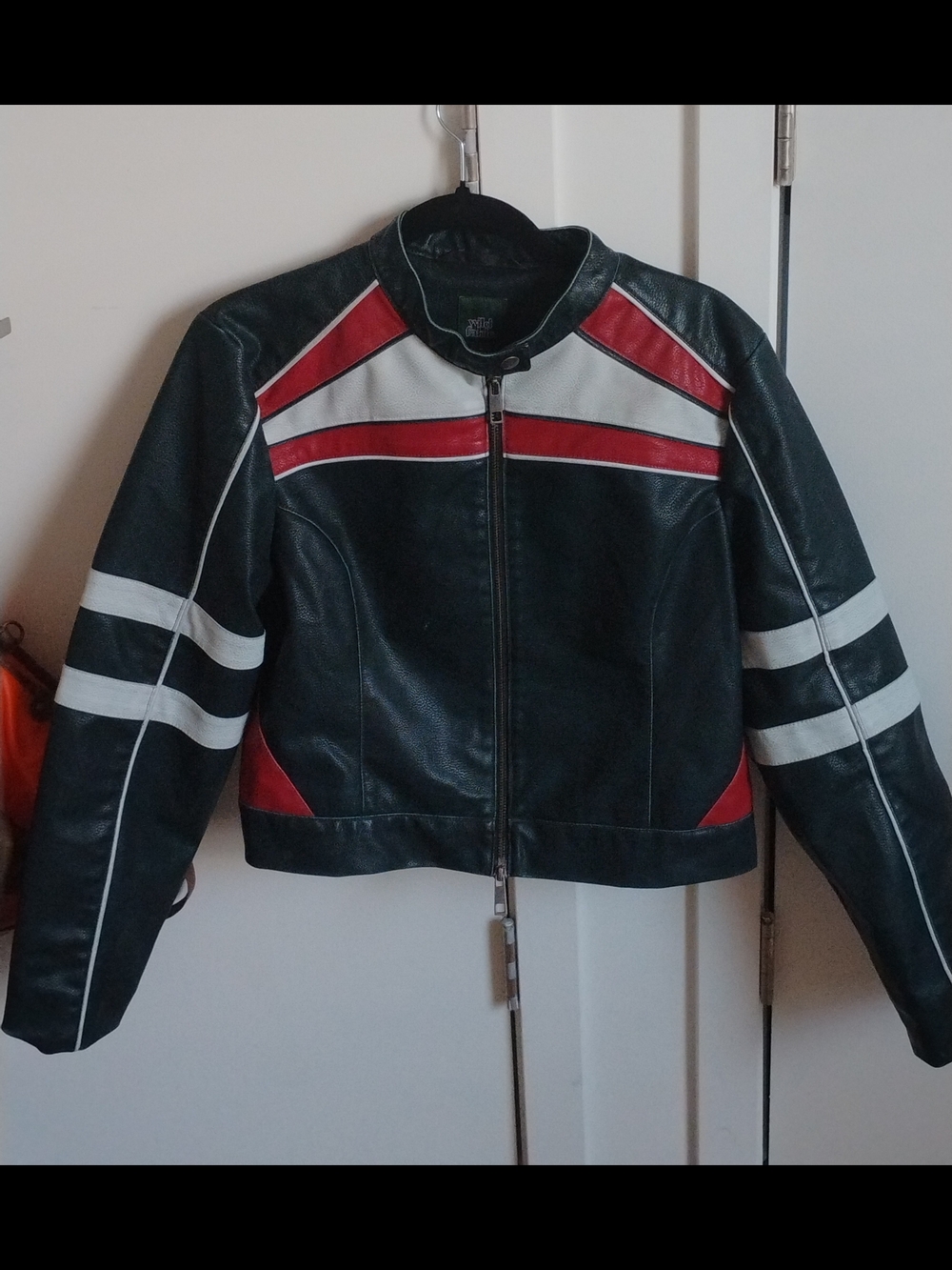 Navy Blue Leather Racing Jacket with Red & White Accents